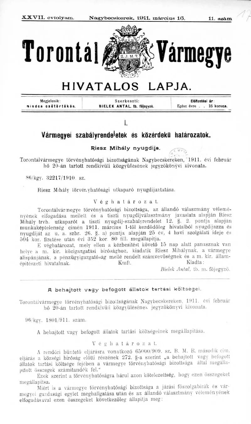 Torontál Vármegye Hivatalos Lapja, 27. évf. 1911. március 16. 11. sz.