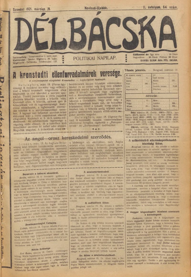 Délbácska, 2. évf. 1921. március 19. 64. sz.