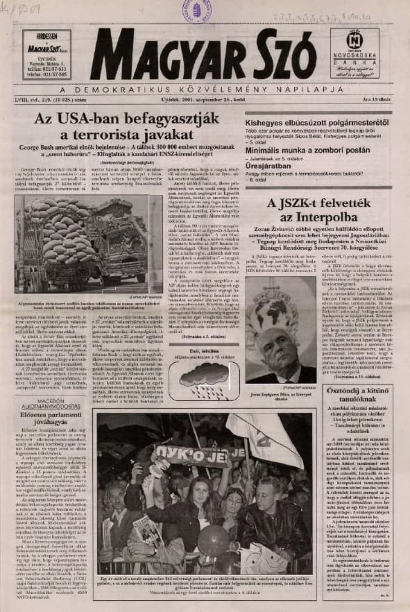 Magyar Szó, 58. évf. 2001. szeptember 25. 219. sz. 1–16. oldal