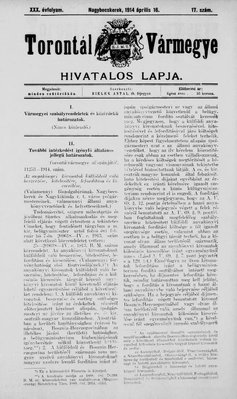 Torontál Vármegye Hivatalos Lapja, 30. évf. 1914. április 16. 17. sz.