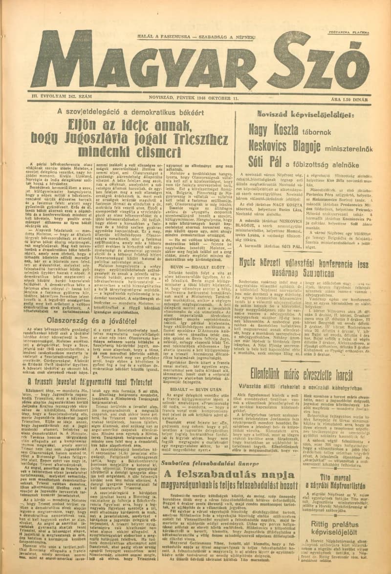 Magyar Szó, 3. évf. 1946. október 11. 242. sz. 1–4. oldal