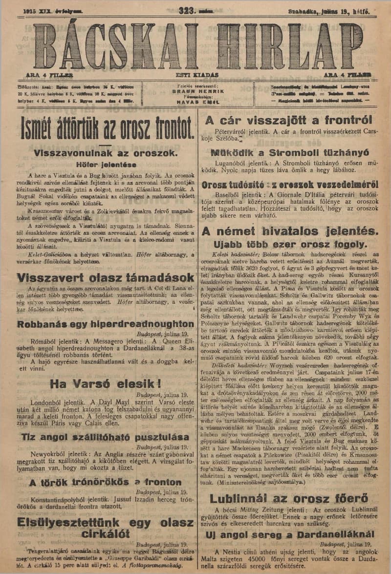 Bácskai Hirlap, 19. évf. 1915. július 19. 323. sz.