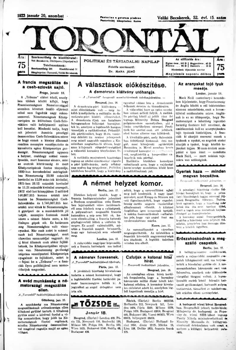 Torontál, 52. évf. 1923. január 20. 15. sz.