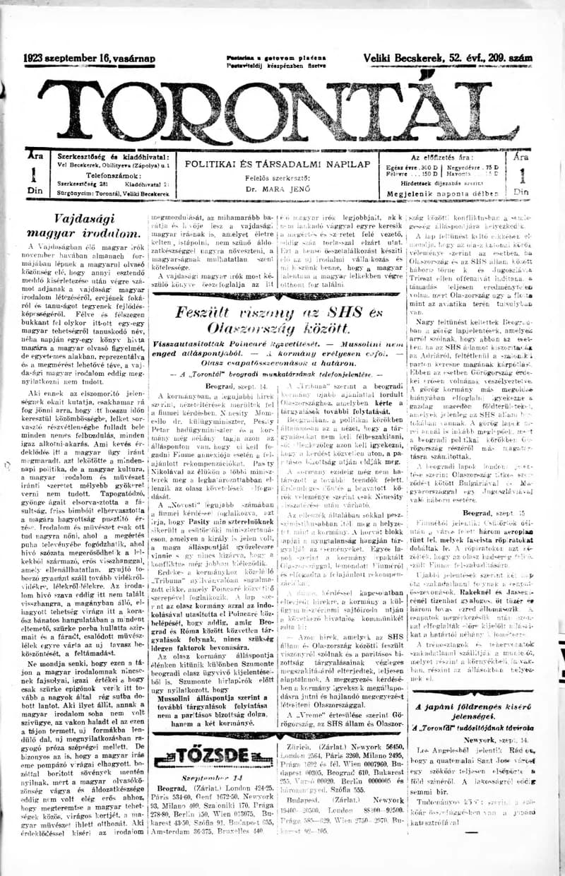 Torontál, 52. évf. 1923. szeptember 16. 209. sz.