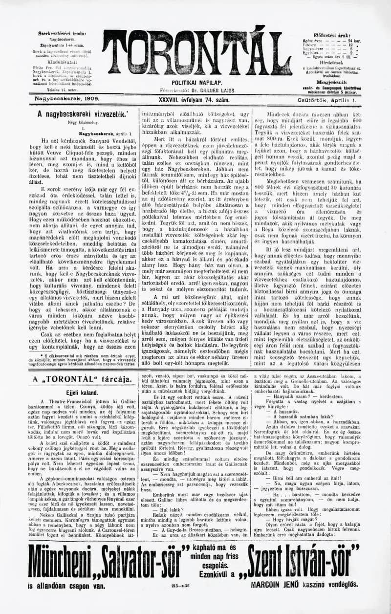 Torontál, 38. évf. 1909. április 1. 74. sz.