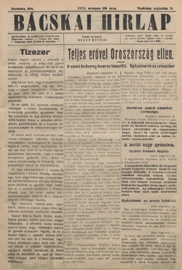 Bácskai Hirlap, 18. évf. 1914. augusztus 23. 190. sz.