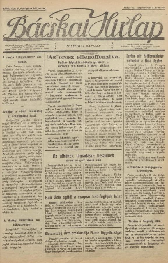 Bácskai Hirlap, 24. évf. 1920. szeptember 4. 143. sz.