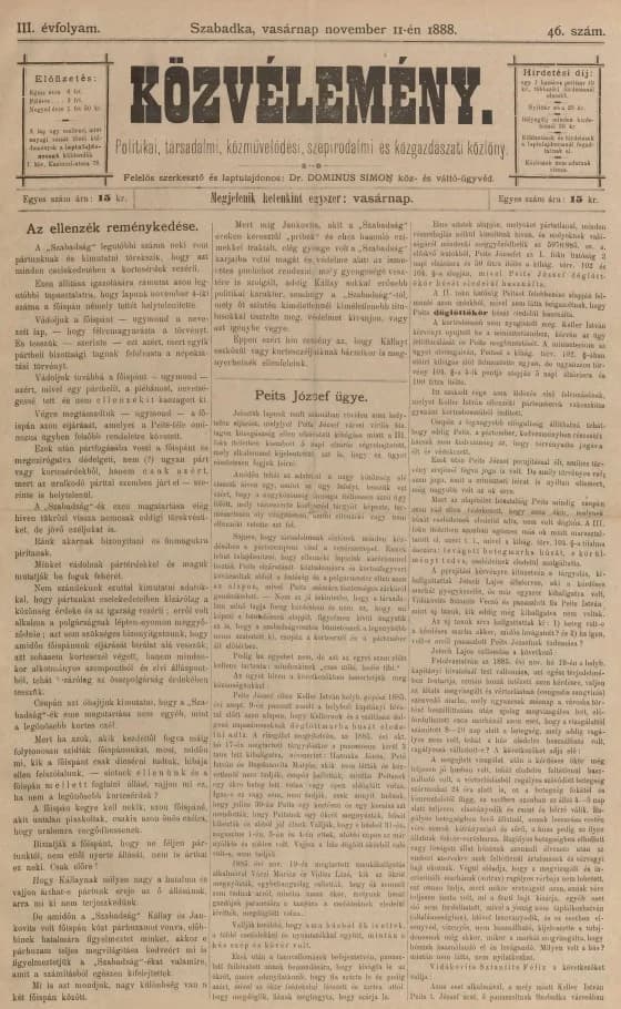 Közvélemény, 3. évf. 1888. november 11. 46. sz.