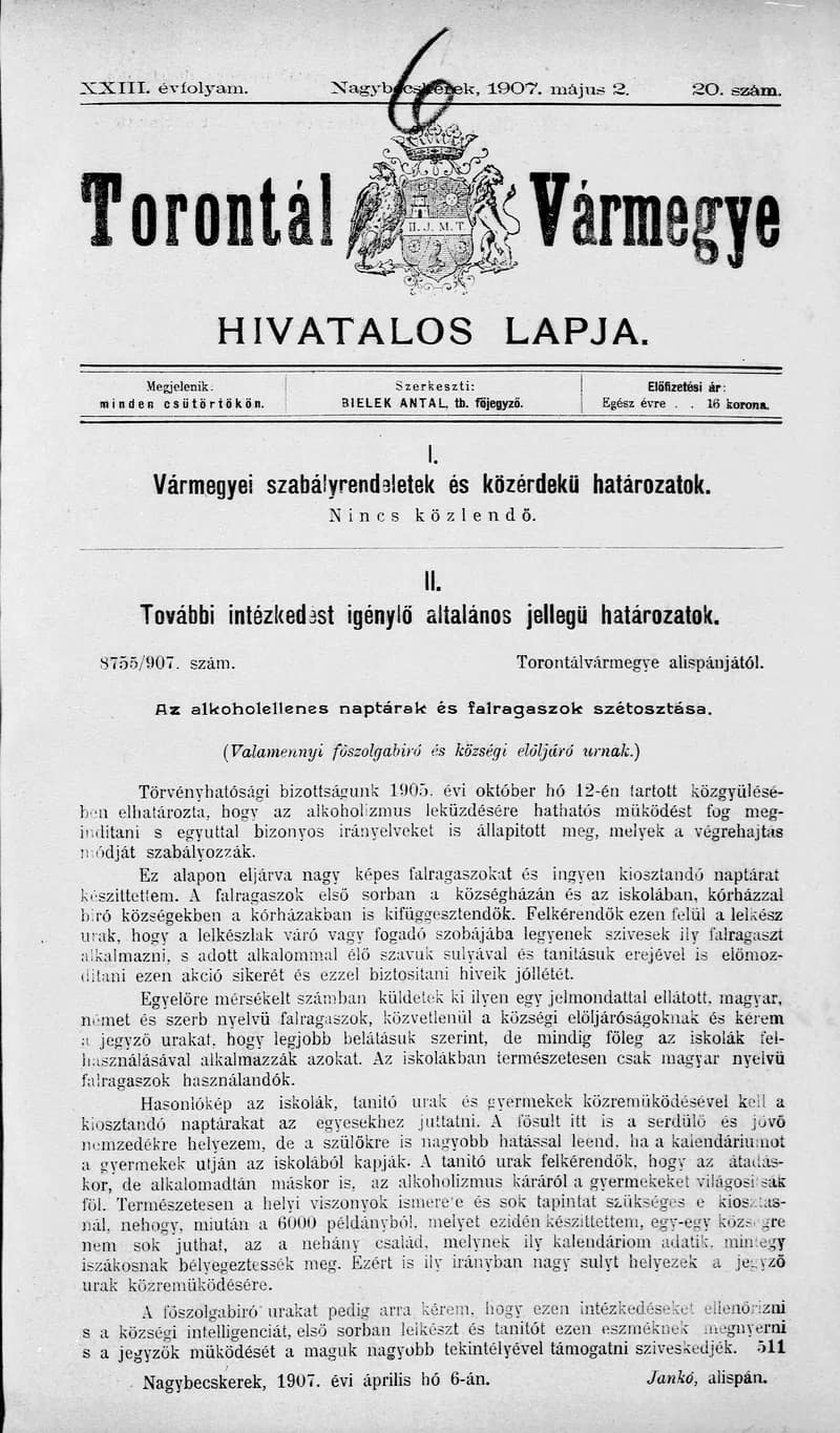 Torontál Vármegye Hivatalos Lapja, 23. évf. 1907. május 2. 20. sz.