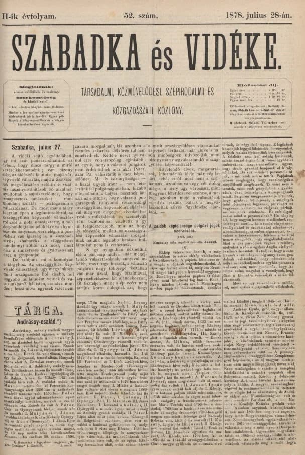 Szabadka és vidéke, 2. évf. 1878. július 28. 52. sz.