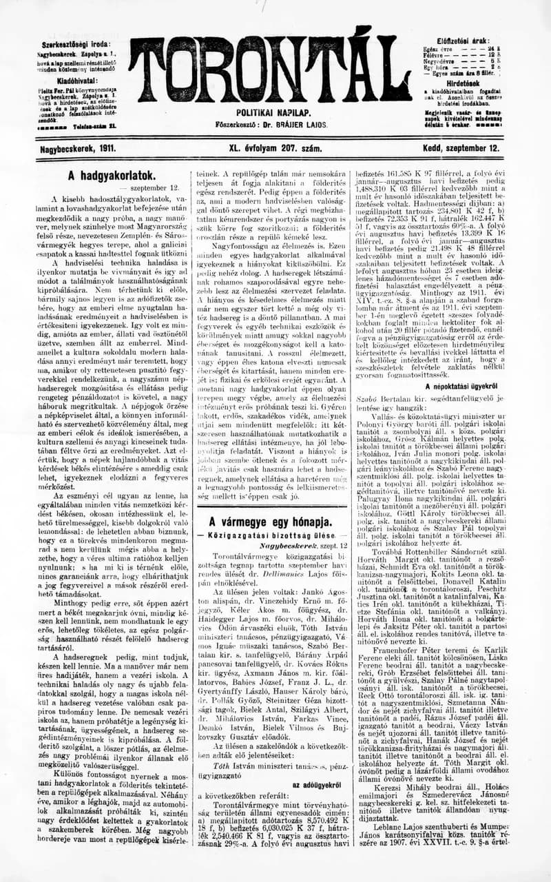 Torontál, 40. évf. 1911. szeptember 12. 207. sz.
