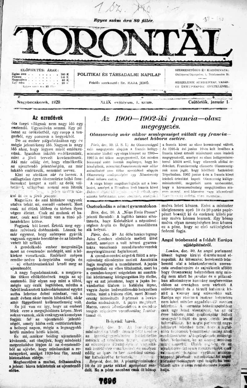 Torontál, 49. évf. 1920. január 1. 1. sz.