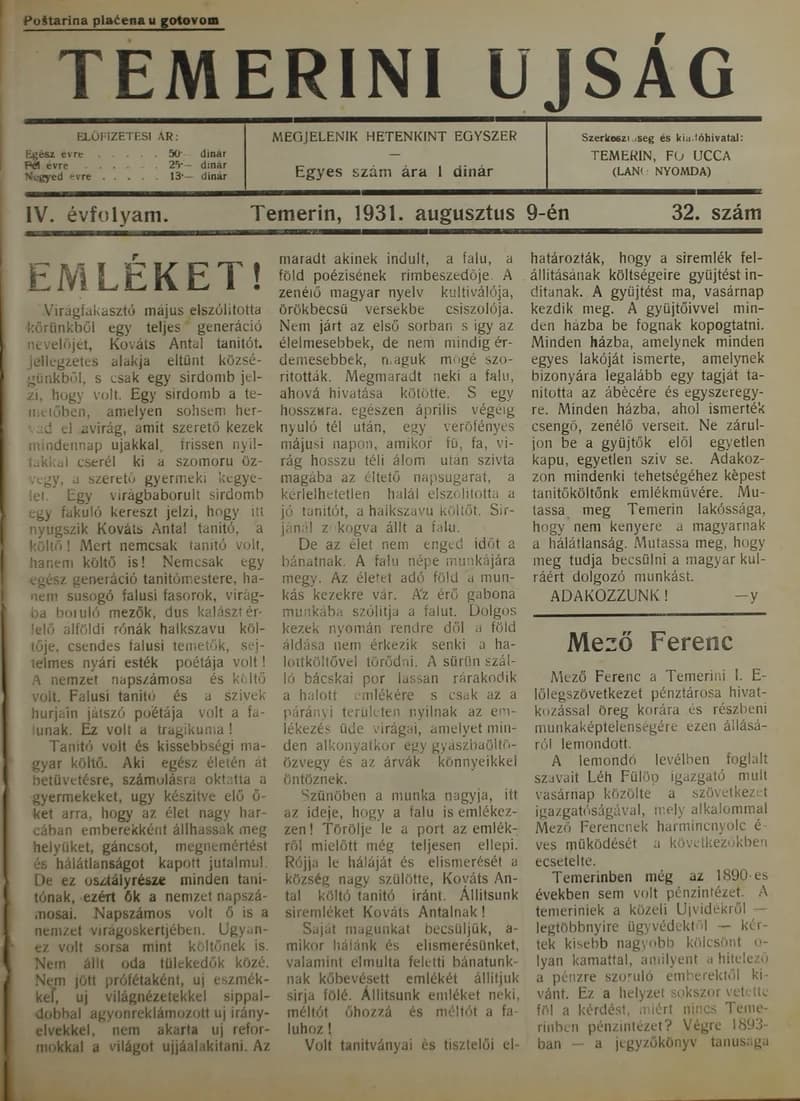 Temerini Újság 1928-1944, 4. évf. 1931. augusztus 9. 32. sz.