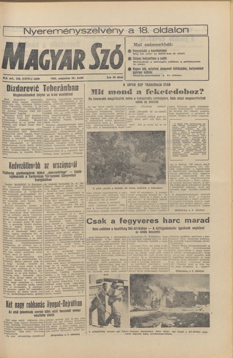 Magyar Szó, 42. évf. 1985. augusztus 20. 228. sz. 1–20. oldal