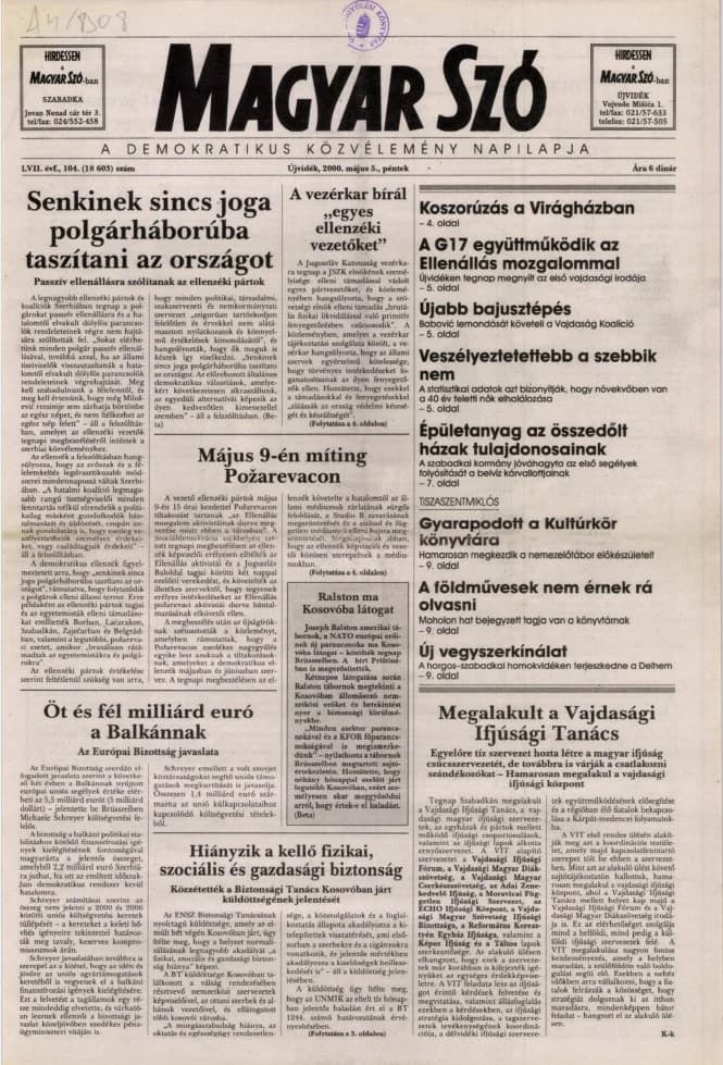 Magyar Szó, 57. évf. 2000. május 5. 104. sz. 1–16. oldal