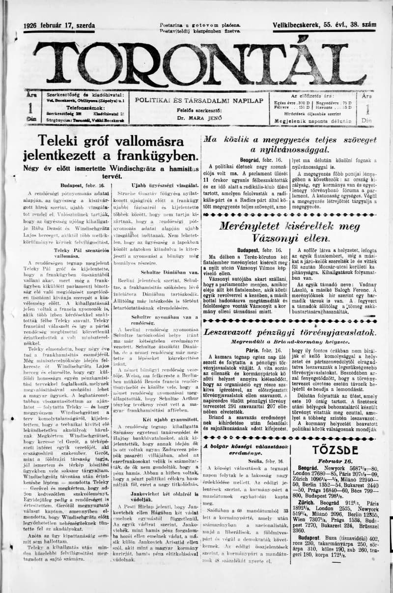 Torontál, 55. évf. 1926. február 17. 38. sz.