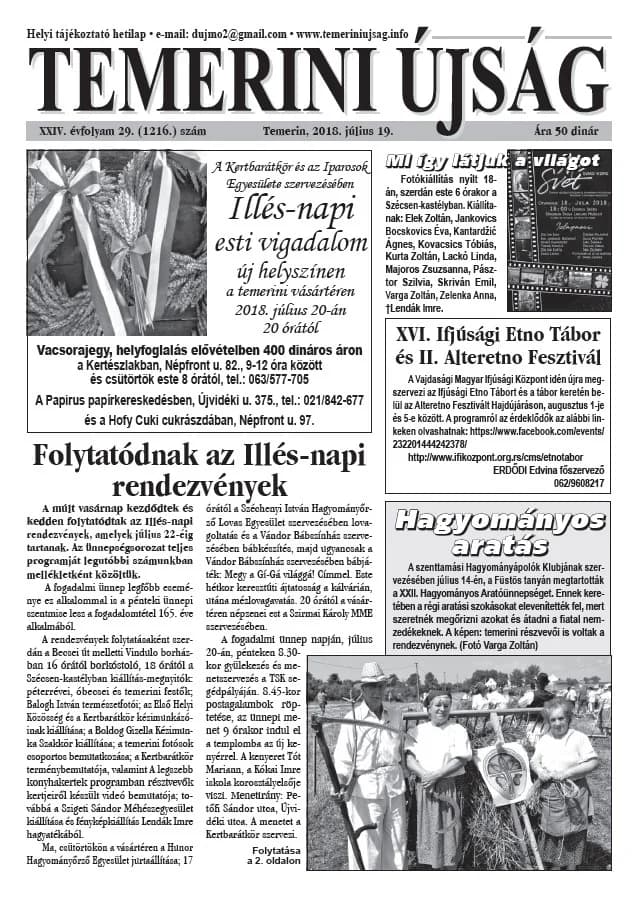 Temerini Újság, 24. évf. 2018. július 19. 29. sz.