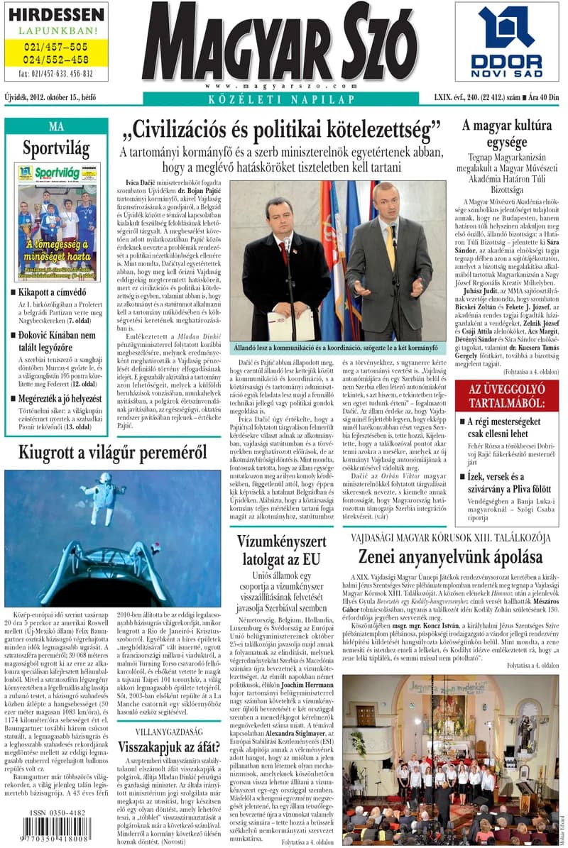 Magyar Szó, 69. évf. 2012. október 15. 240. sz. 1–16. oldal