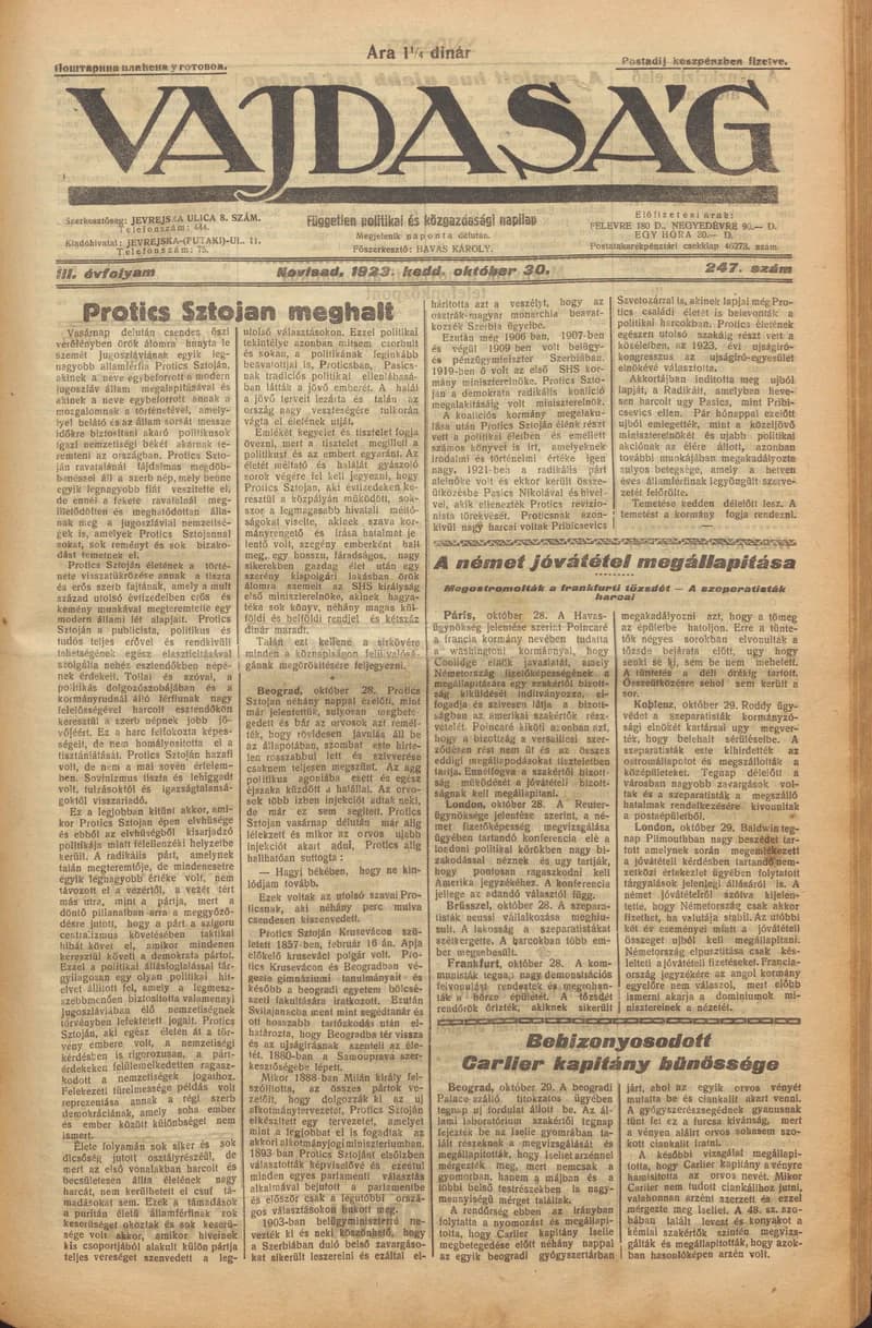 Vajdaság, 3. évf. 1923. október 30. 247. sz.