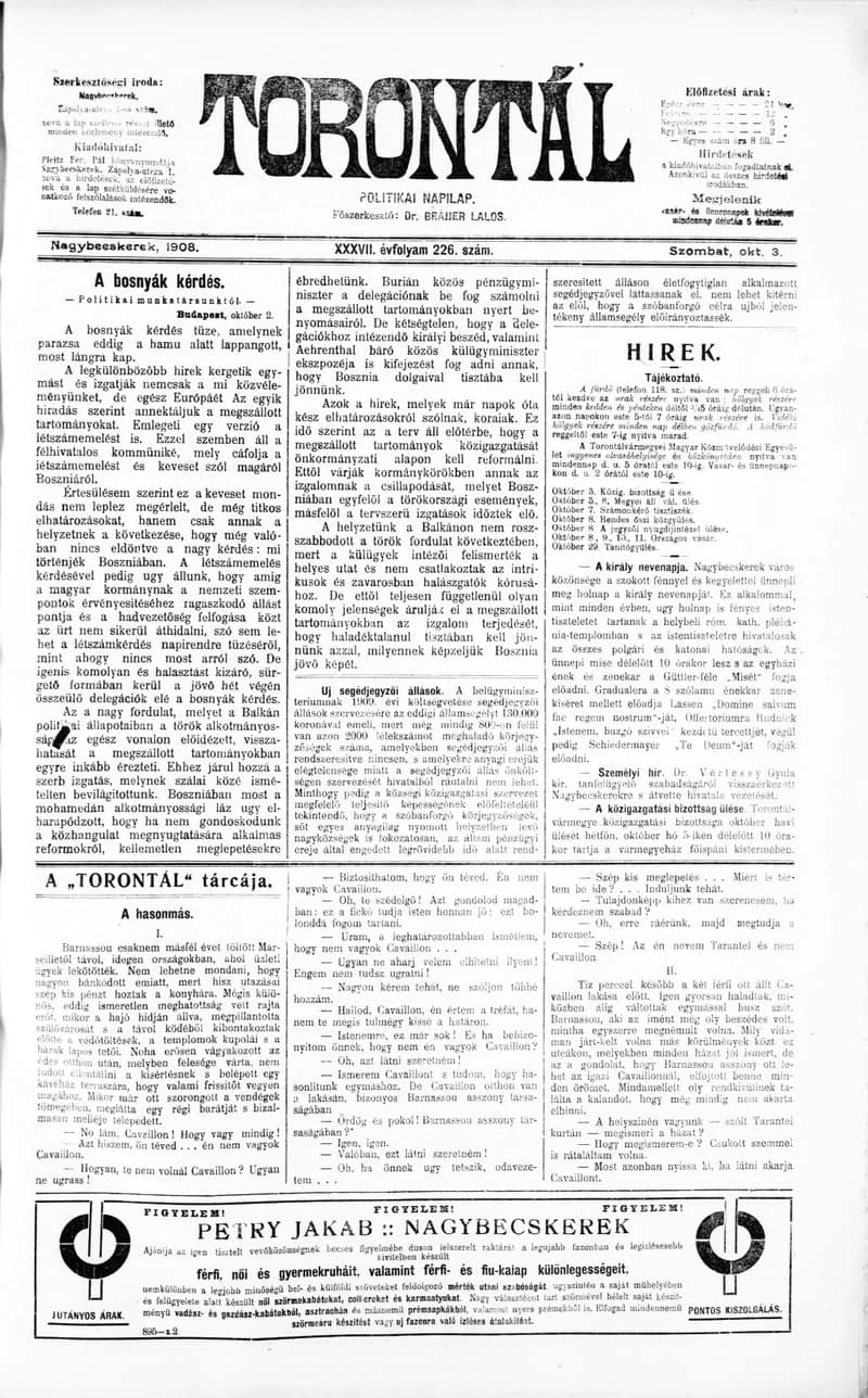 Torontál, 37. évf. 1908. október 3. 226. sz.