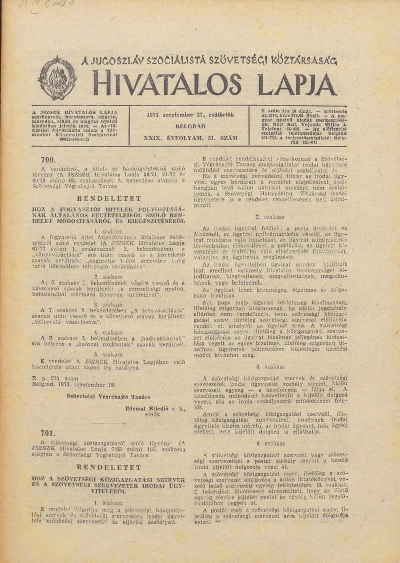 A Jugoszláv Szocialista Szövetségi Köztársaság Hivatalos Lapja, 29. évf. 1973. szeptember 27. 51. sz. 1517–1568. oldal