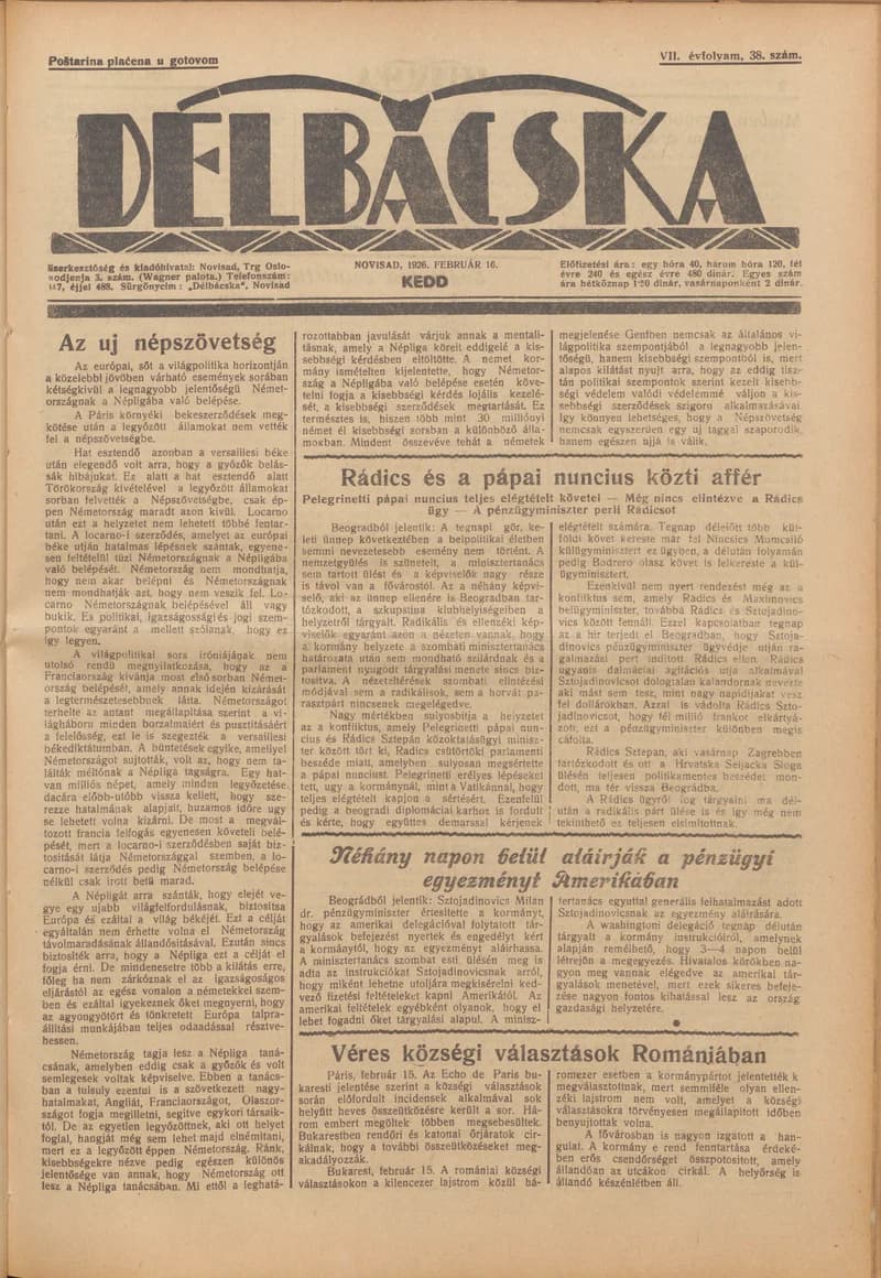 Délbácska, 7. évf. 1926. február 16. 38. sz.