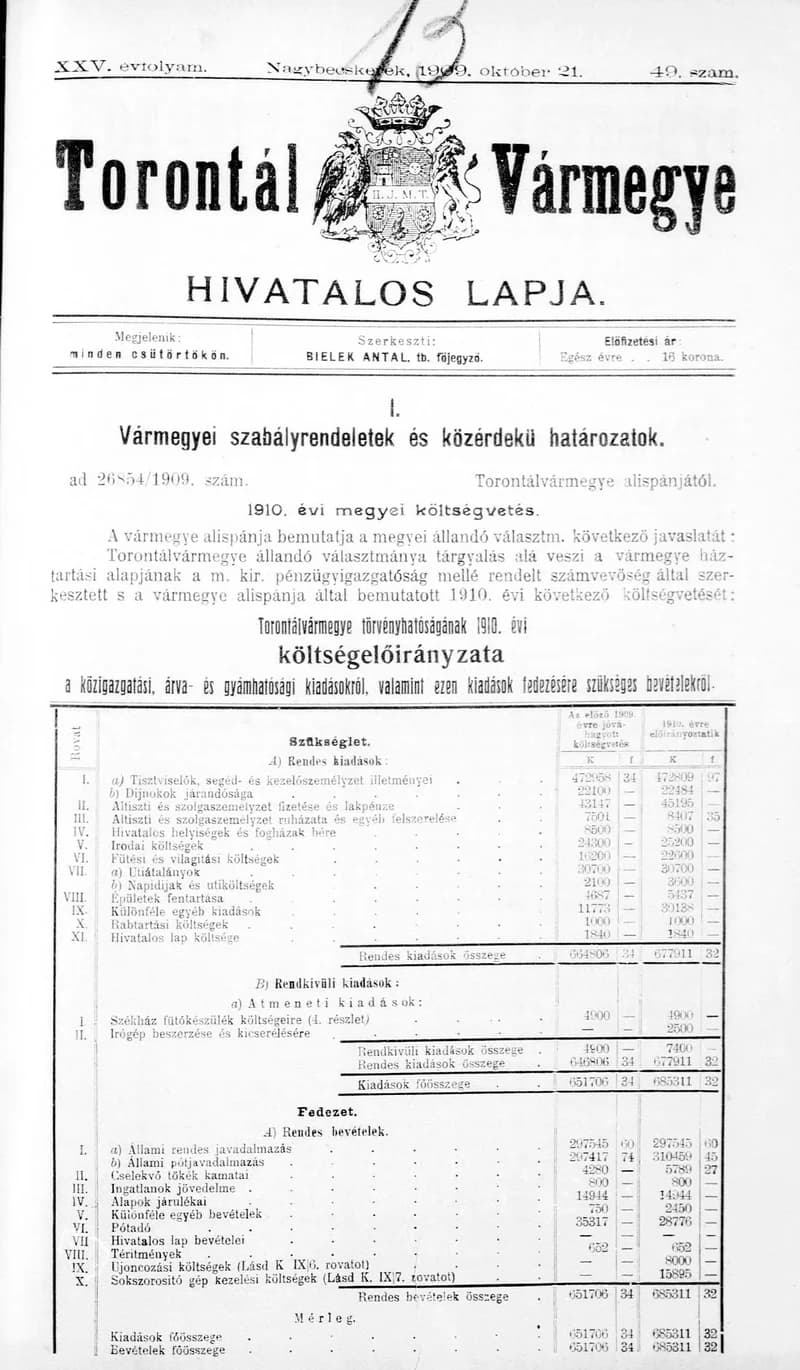 Torontál Vármegye Hivatalos Lapja, 25. évf. 1909. október 21. 49. sz.