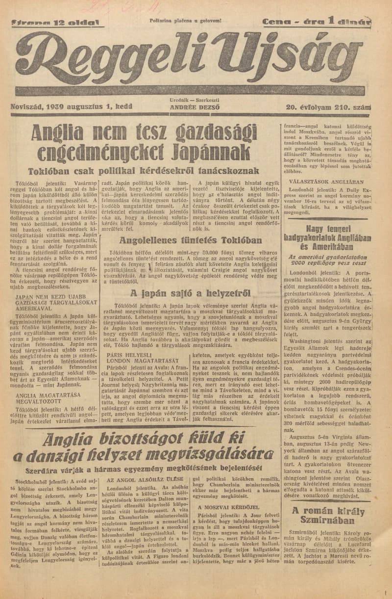 Reggeli Újság, 20. évf. 1939. augusztus 1. 210. sz.