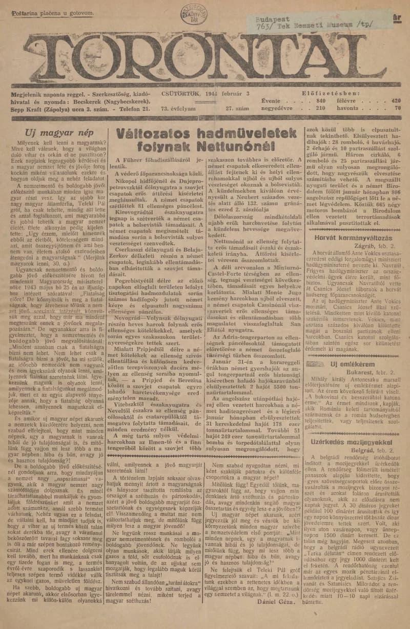 Torontál, 73. évf. 1944. február 3. 27. sz.