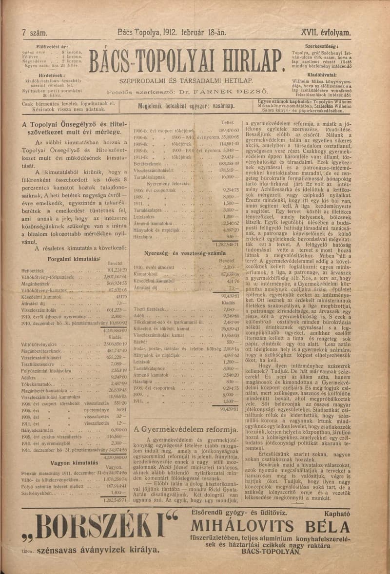 Bács-Topolyai Hirlap, 17. évf. 1912. február 18. 7. sz.