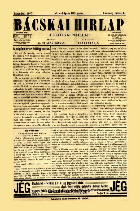 Bácskai Hirlap, 6. évf. 1902. június 1. 100. sz.