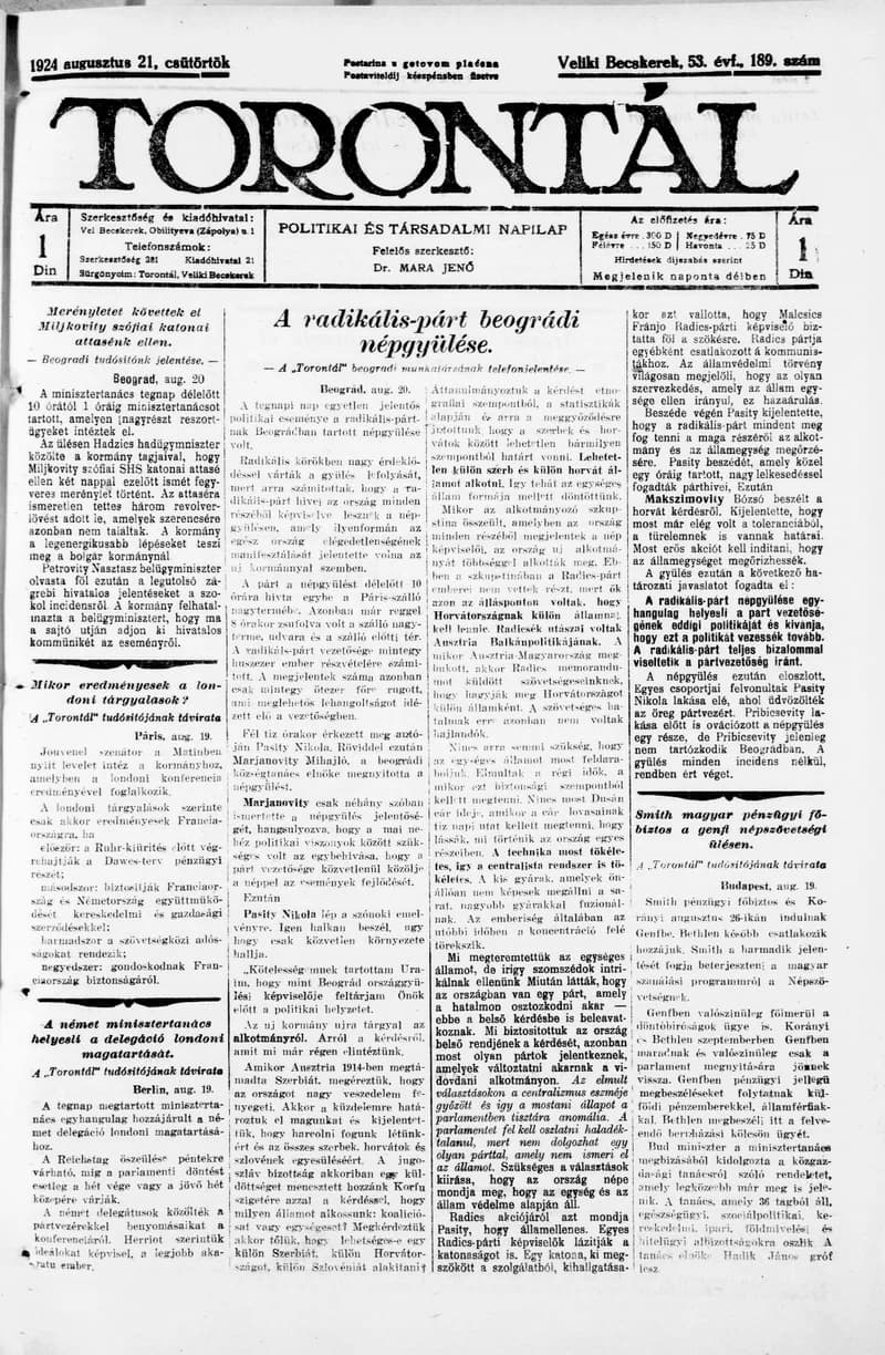 Torontál, 53. évf. 1924. augusztus 21. 189. sz.