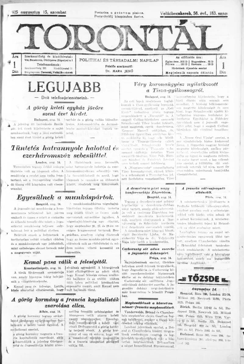 Torontál, 54. évf. 1925. augusztus 15. 183. sz.