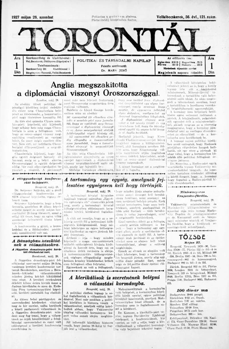 Torontál, 56. évf. 1927. május 28. 121. sz.