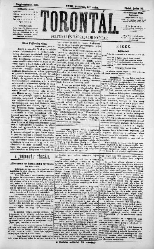 Torontál, 23. évf. 1894. június 22. 142. sz.
