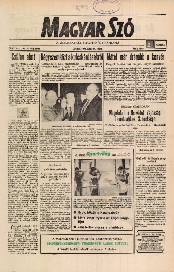 Magyar Szó, 47. évf. 1990. július 16. 193. sz. 1–16. oldal