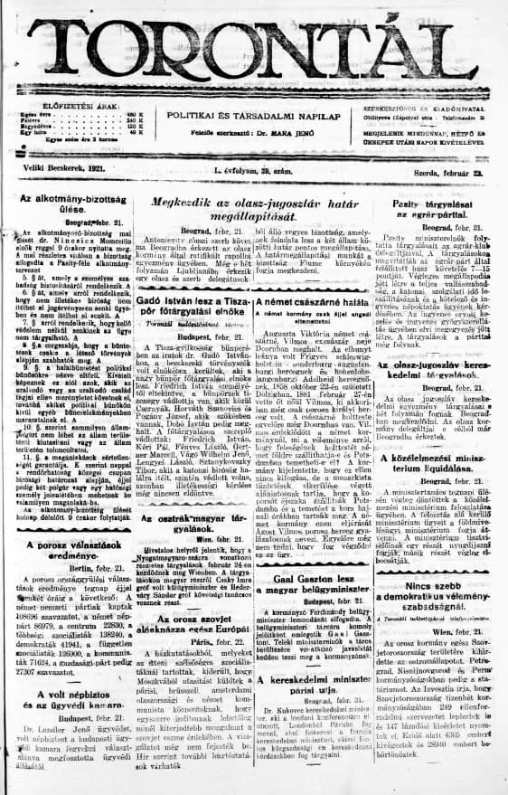 Torontál, 50. évf. 1921. február 23. 39. sz.