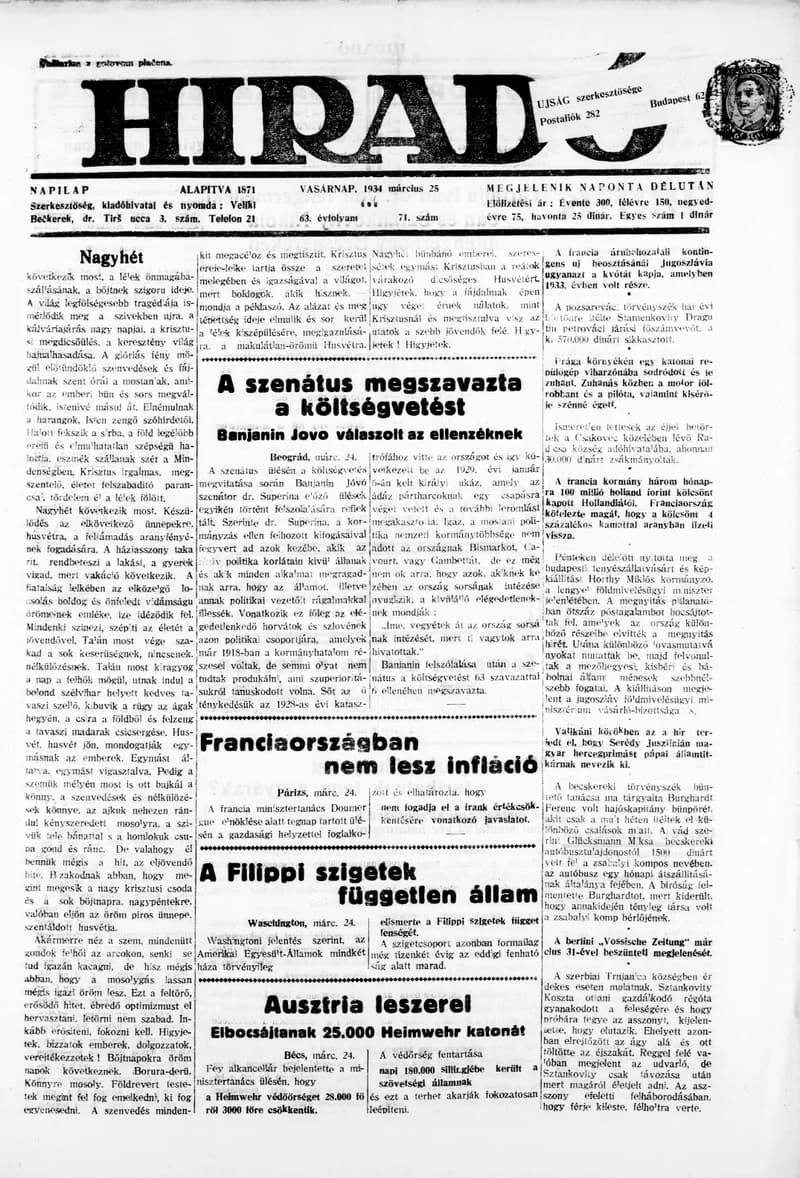 Híradó, 63. évf. 1934. március 25. 71. sz.