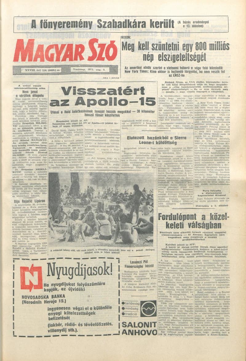 Magyar Szó, 28. évf. 1971. augusztus 8. 216. sz. 1–32. oldal