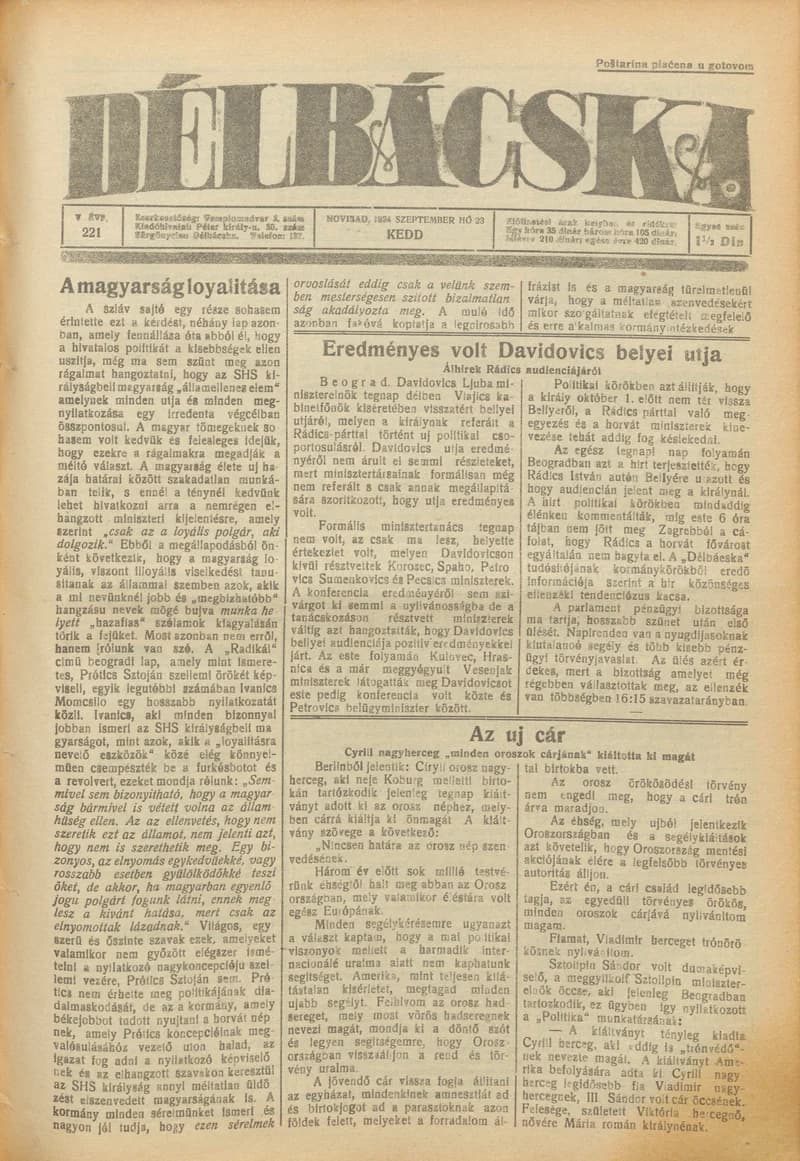 Délbácska, 5. évf. 1924. szeptember 23. 221. sz.
