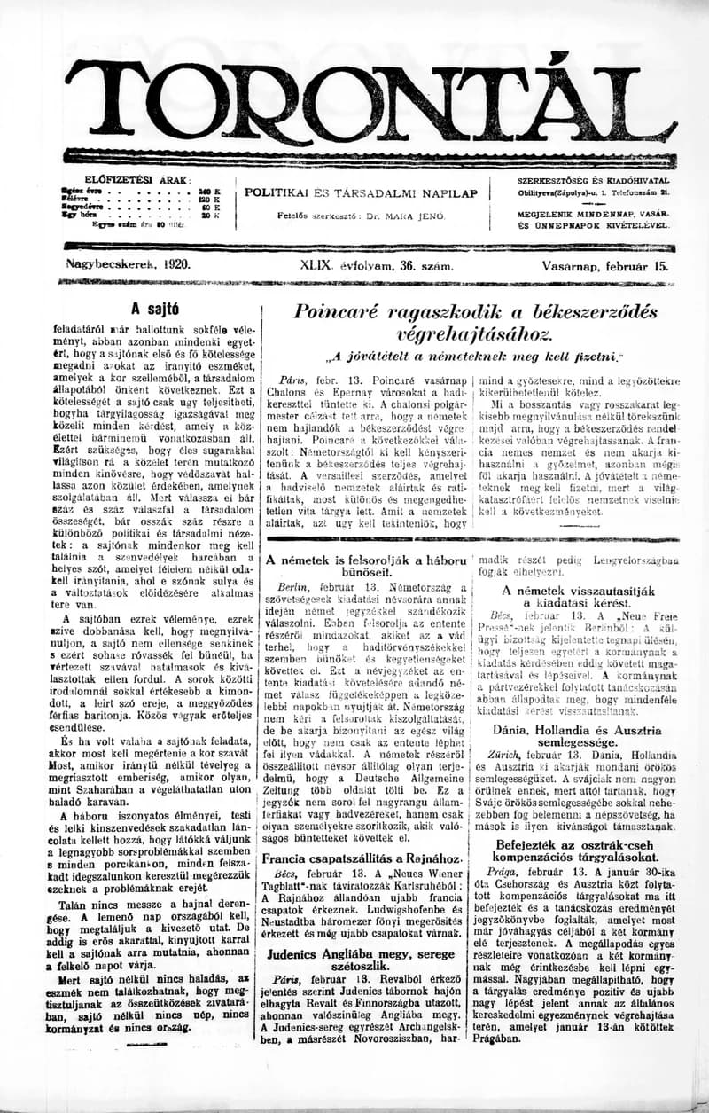 Torontál, 49. évf. 1920. február 15. 36. sz.