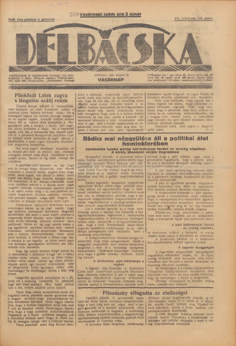 Délbácska, 7. évf. 1926. május 23. 118. sz.