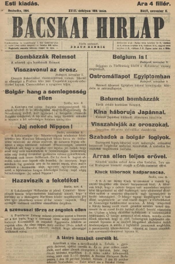 Bácskai Hirlap, 18. évf. 1914. november 9. 289. sz.