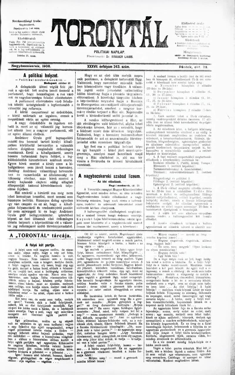 Torontál, 37. évf. 1908. október 23. 243. sz.