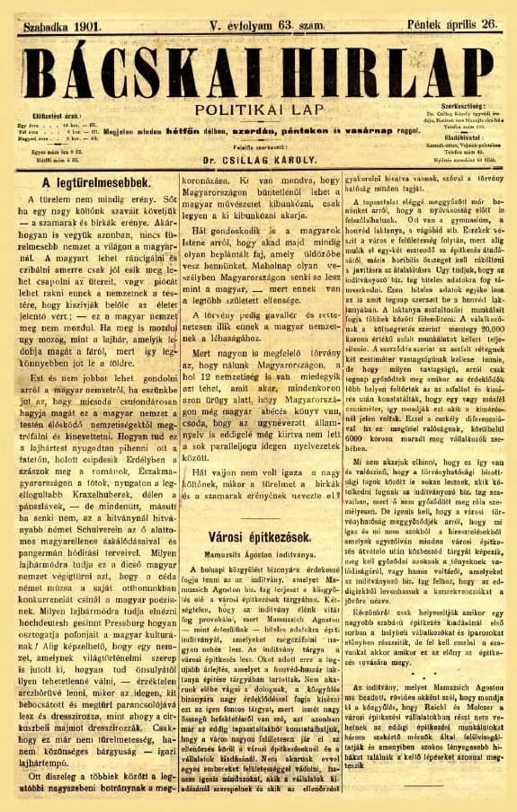 Bácskai Hirlap, 5. évf. 1901. április 26. 63. sz.