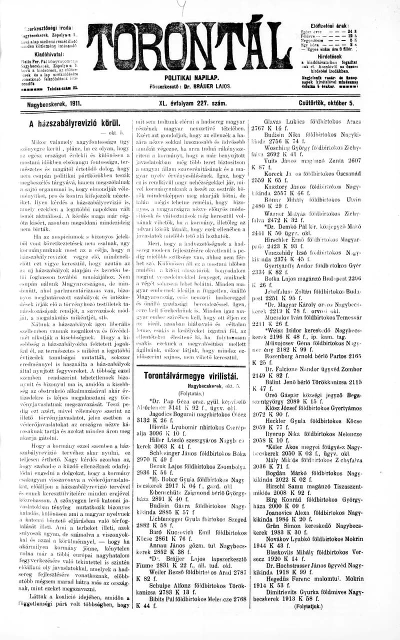 Torontál, 40. évf. 1911. október 5. 227. sz.