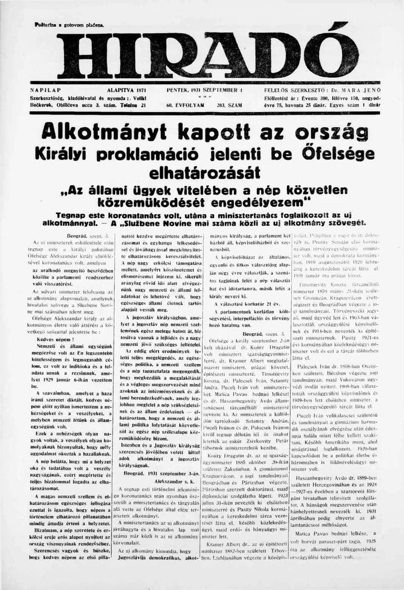 Híradó, 60. évf. 1931. szeptember 4. 203. sz.