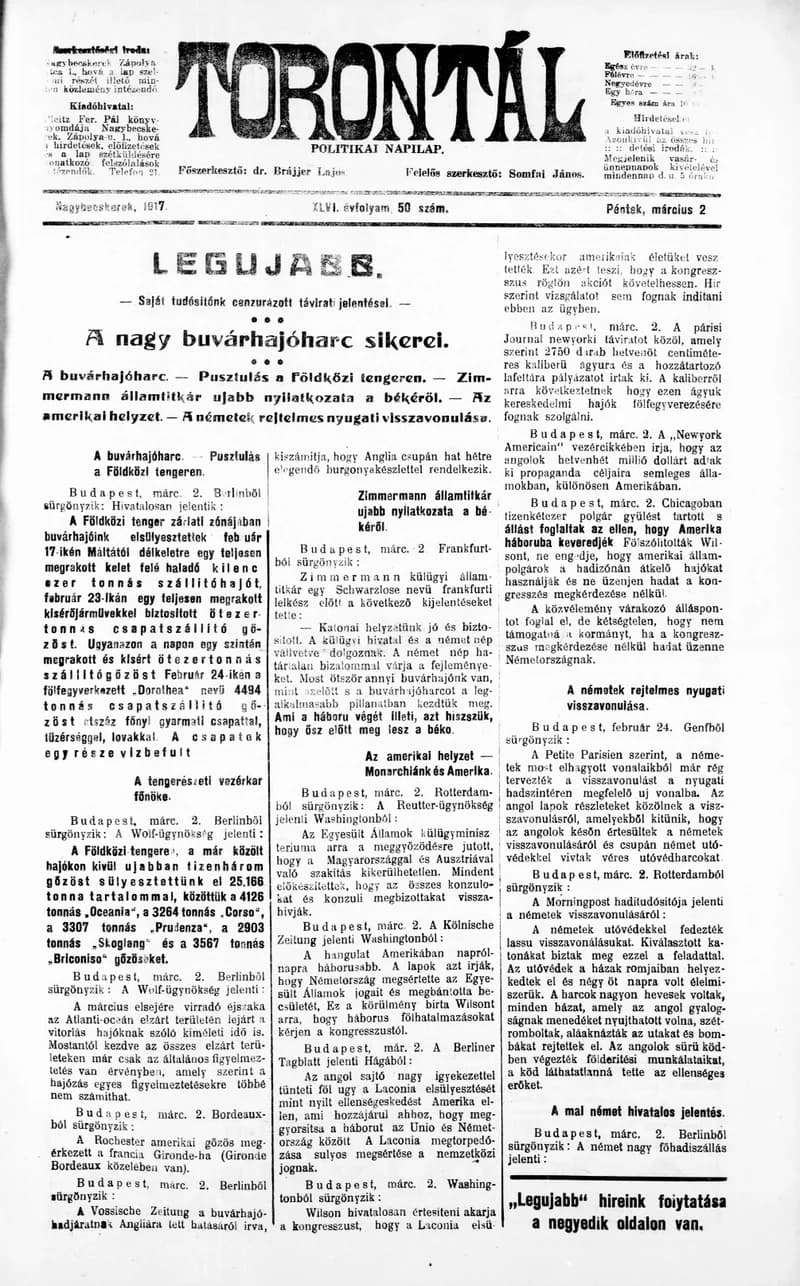 Torontál, 46. évf. 1917. március 2. 50. sz.