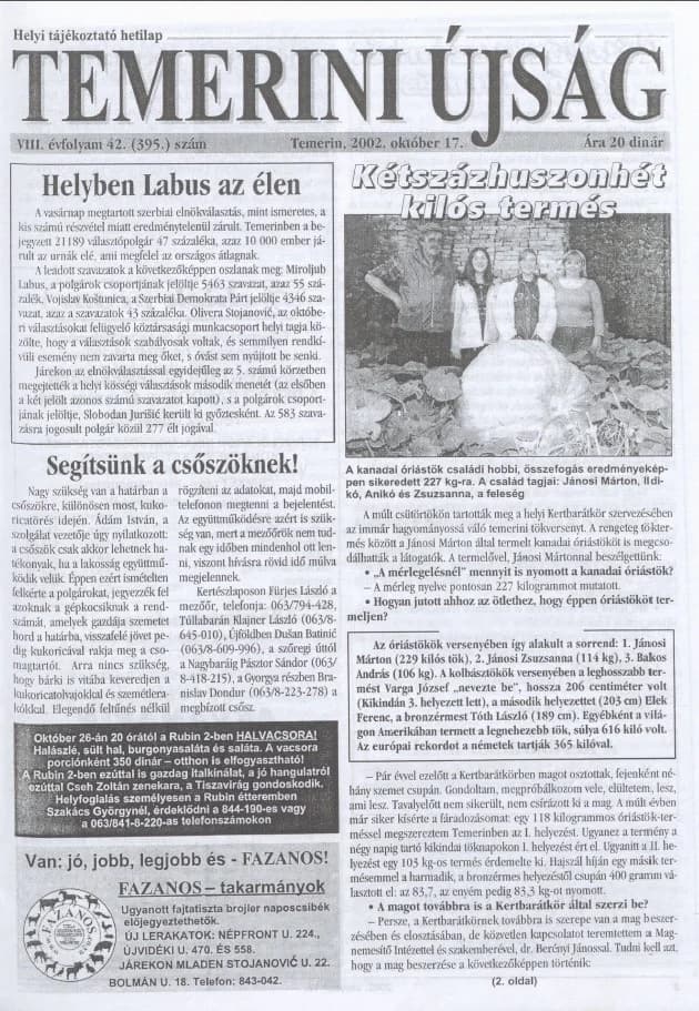 Temerini Újság, 8. évf. 2002. október 17. 42. sz.