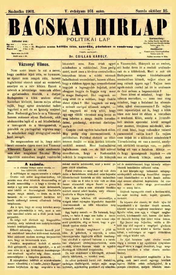 Bácskai Hirlap, 5. évf. 1901. október 16. 161. sz.
